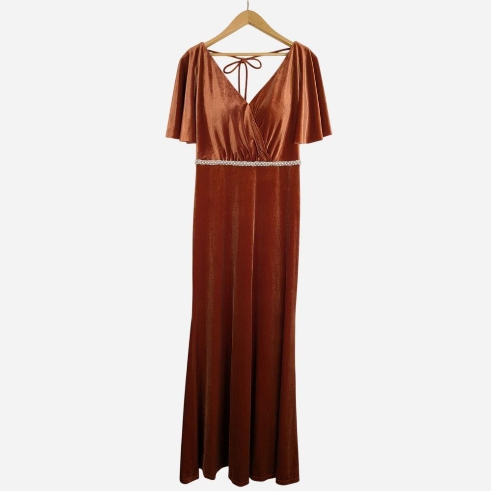 Sorella Vita Velvet Flutter Sleeve Beaded Waist Formal Maxi Gown - Picture 1 of 8